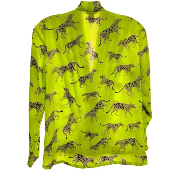 Ann Taylor Cross-Over Front Hi-Low Neon Green Cheetah Print LS Blouse Sz XSP - Picture 4 of 5